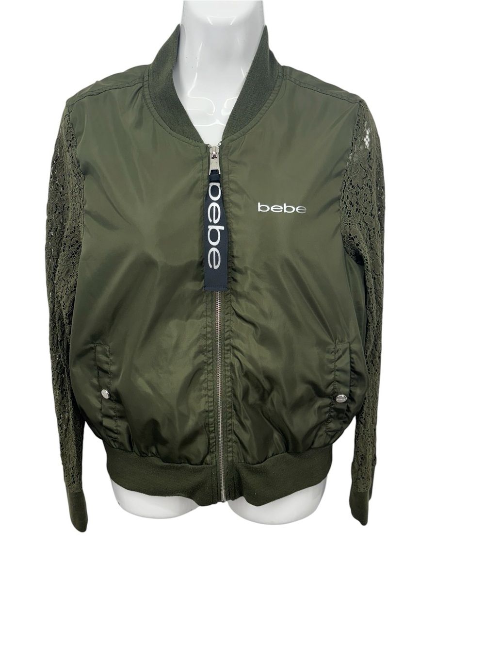 bebe Sporty Lace Bomber Jacket Green Utility Lightweight Coat Size Medium